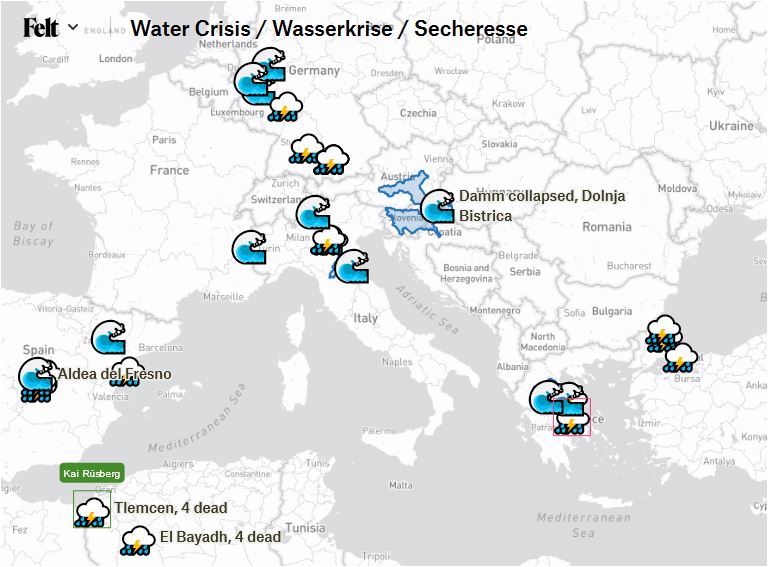 Die Unwetterereignisse der Wasserkrise verteilen sich über Europa.
